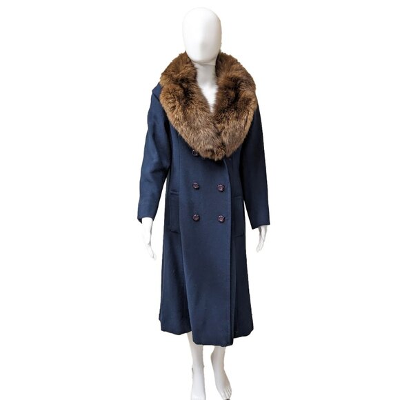 I. MAGNIN/BARON PETERS Vintage Navy Blue Coat w/ Genuine Fox Fur Collar - Picture 2 of 8